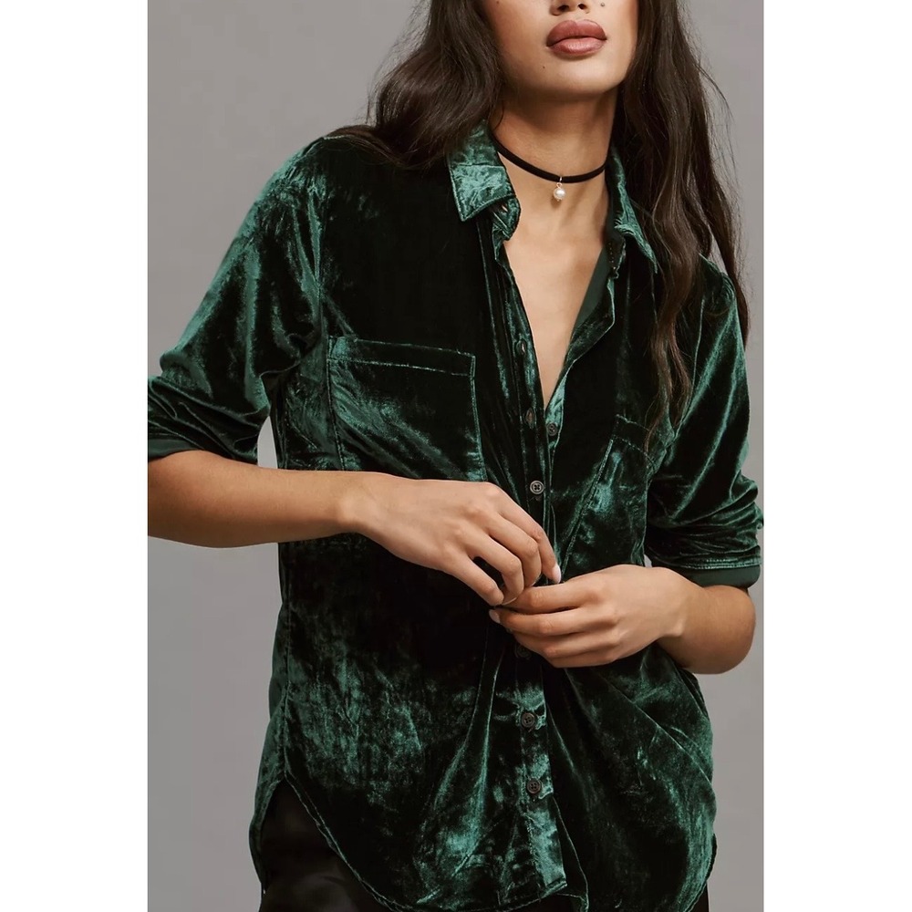 Pilcro Anthropologie Green Velvet Relaxed Button Down Hadley Shirt Small